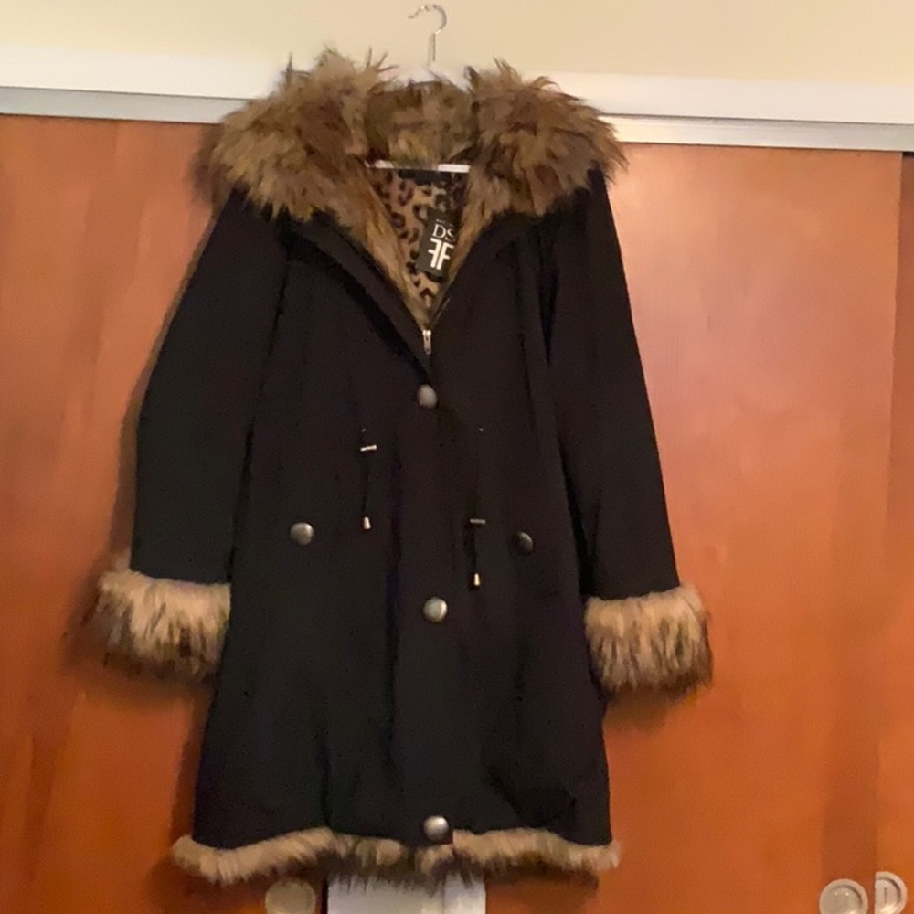 Fabulous Furs Black Puffer Coat with Brown Fur Trim